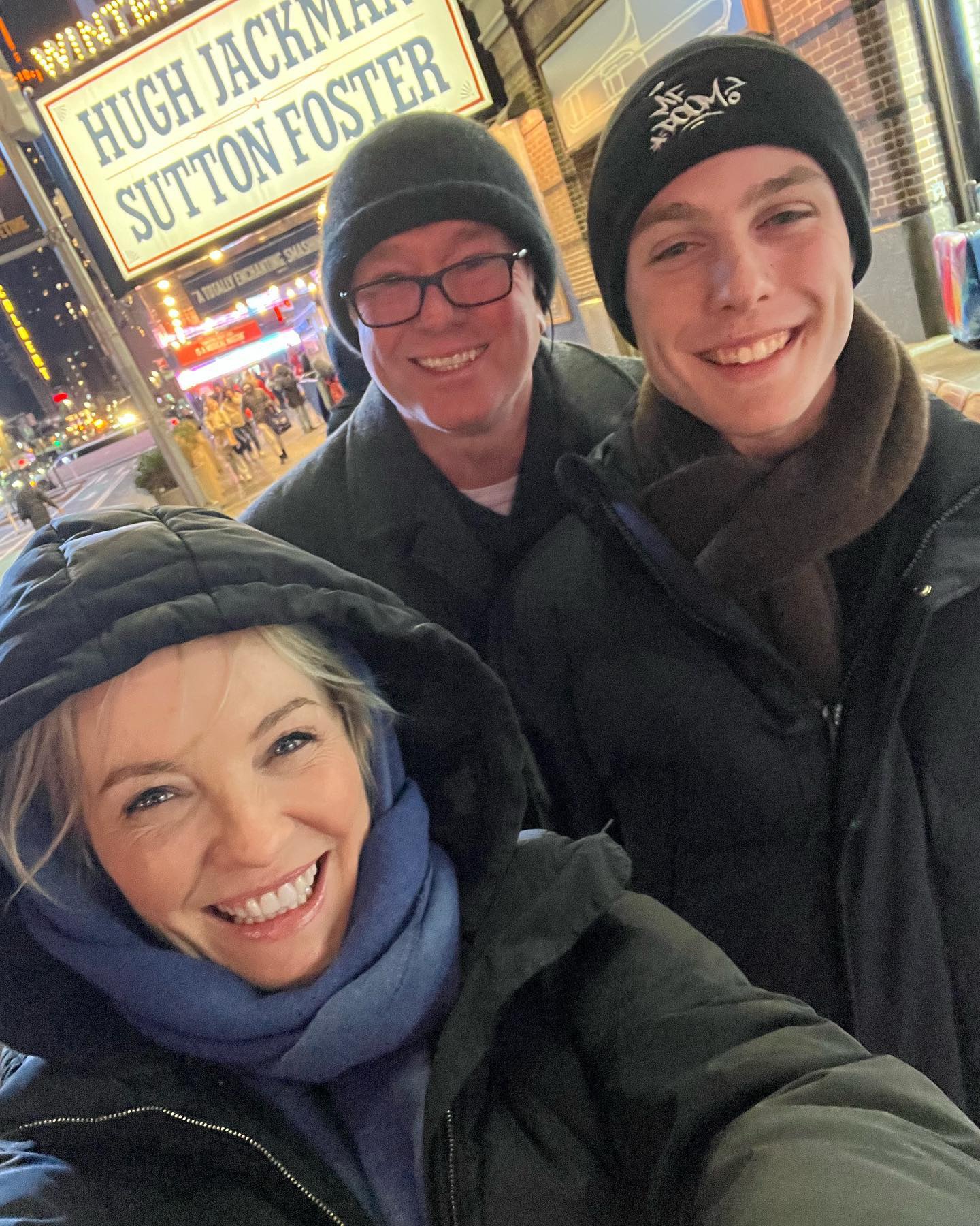 Actress Rebecca Gibney in New York with husband and son.