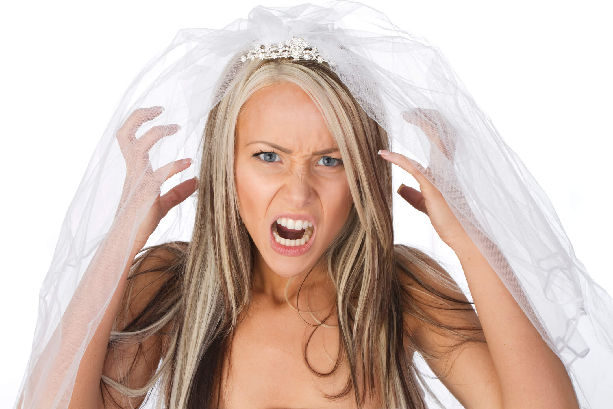 An angry woman in a wedding dress