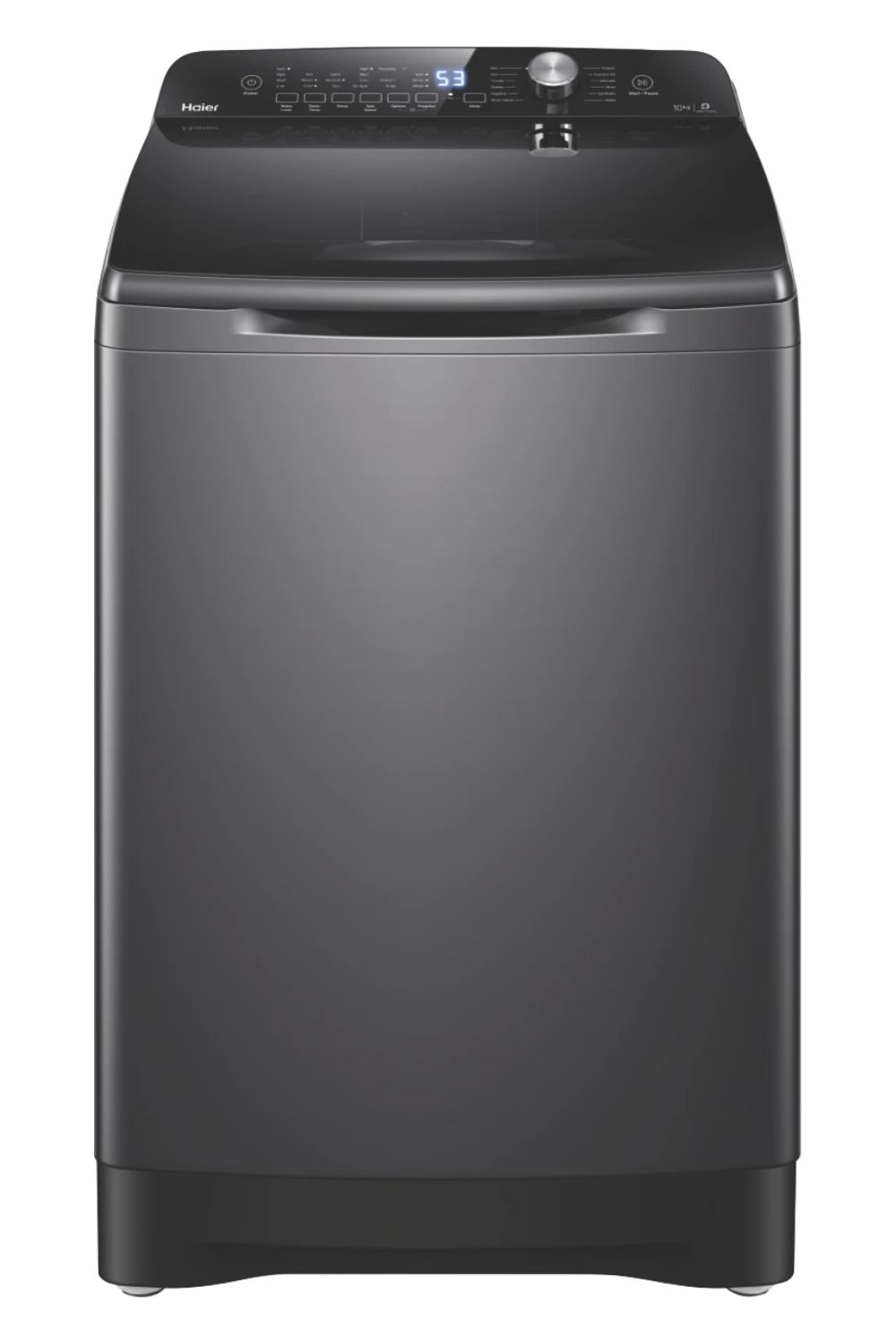 "Haier top loader washing machine in black with control panel and digital display."