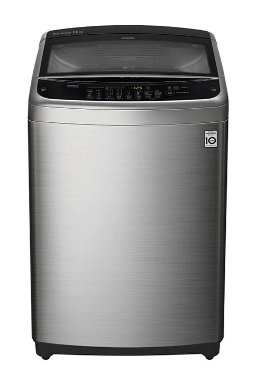 Silver top-loader washing machine with digital controls and an inverter motor badge.