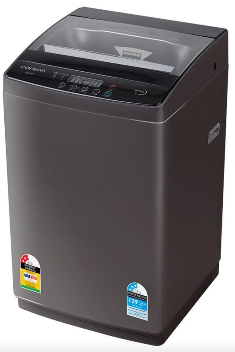 Carson top-loader washing machine in dark gray with control panel and energy rating labels.