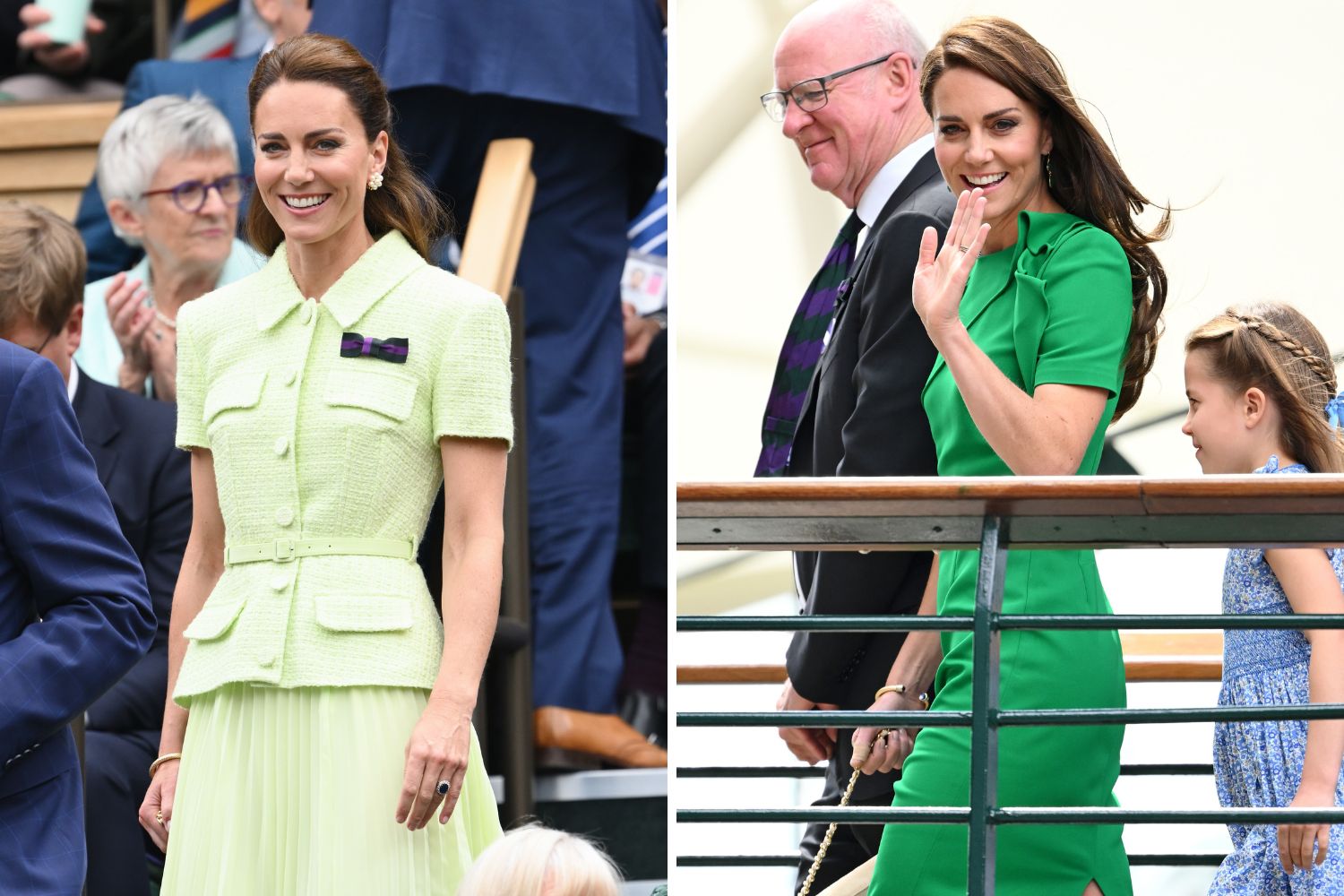 Kate Middleton wearing a lime green dress and a bright green dress, smiling and waving at an event.