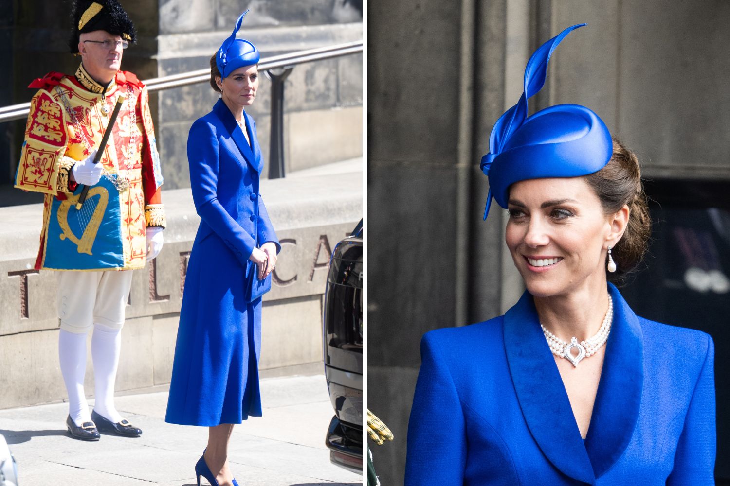 Kate Middleton in a vibrant blue coat dress with matching fascinator, standing beside a ceremonial guard in ornate attire.