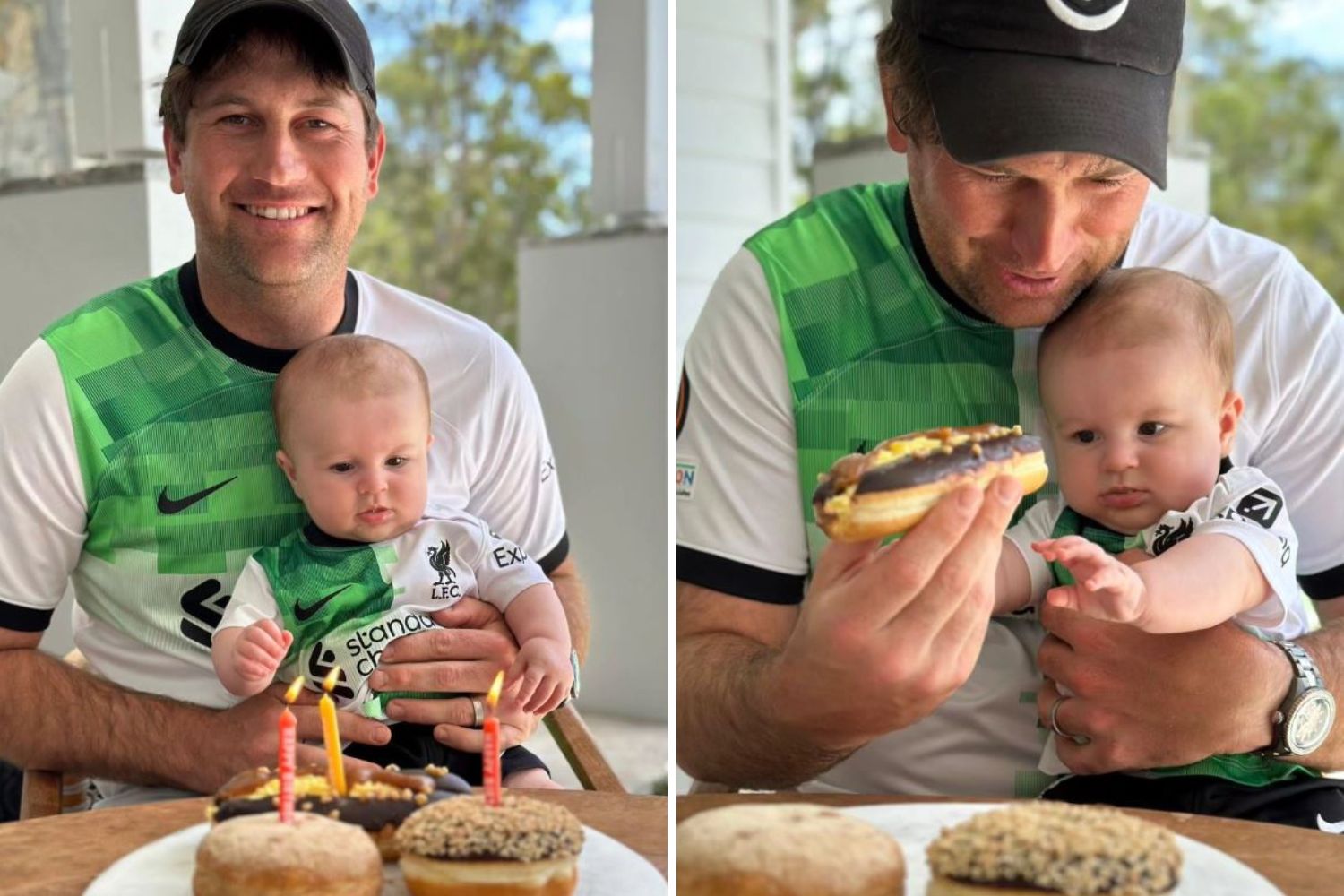 Man and baby in matching sports jerseys with donuts and lit candles.