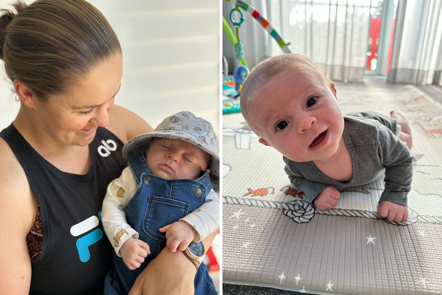 A woman holds a sleeping baby in one photo, while the same baby smiles during tummy time in another.
