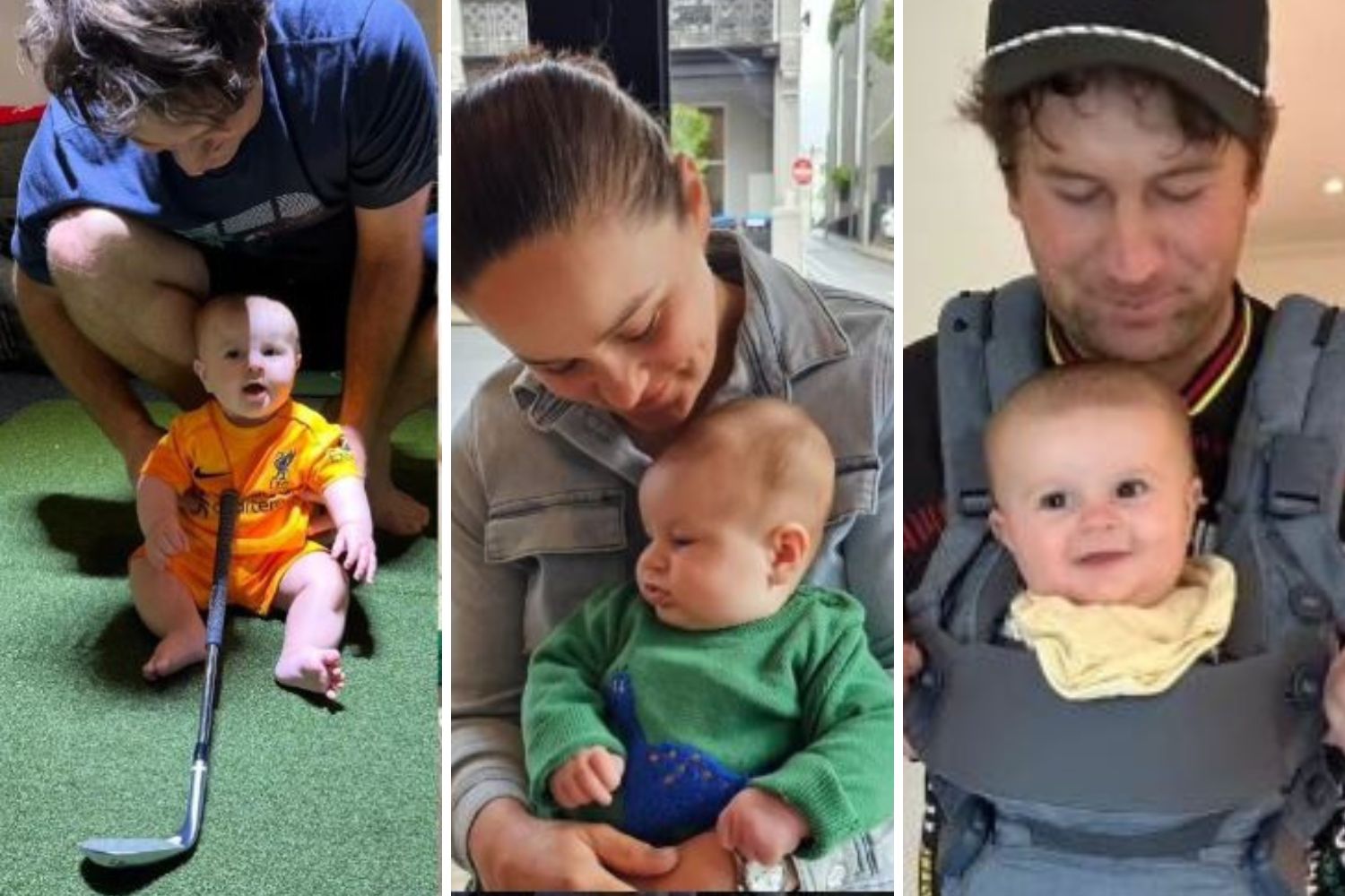 A collage of a baby with a golf club, being cuddled by a woman, and in a baby carrier held by a man.