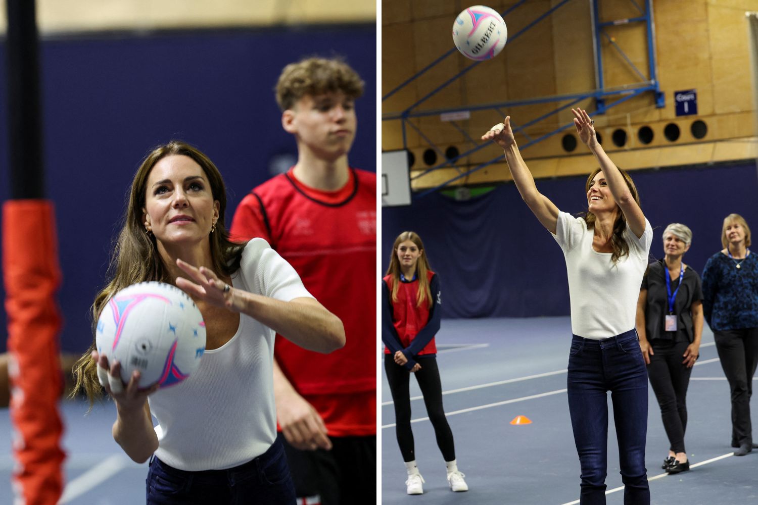 Royal family member playing netball, shooting ball, indoor sports venue, surrounded by other participants.