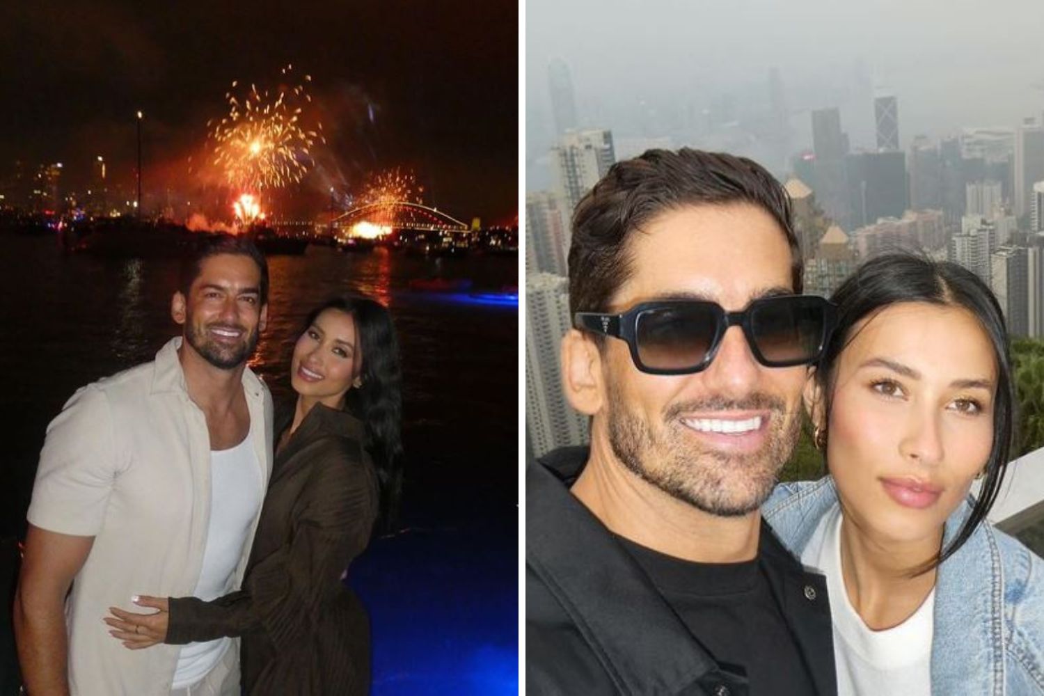 Couple posing at night with fireworks and during the day with a cityscape backdrop.