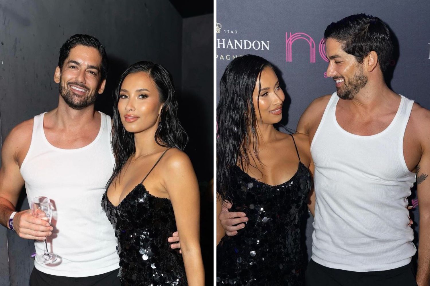 Couple posing together, man in white tank top and woman in black sequined dress, smiling at an event.