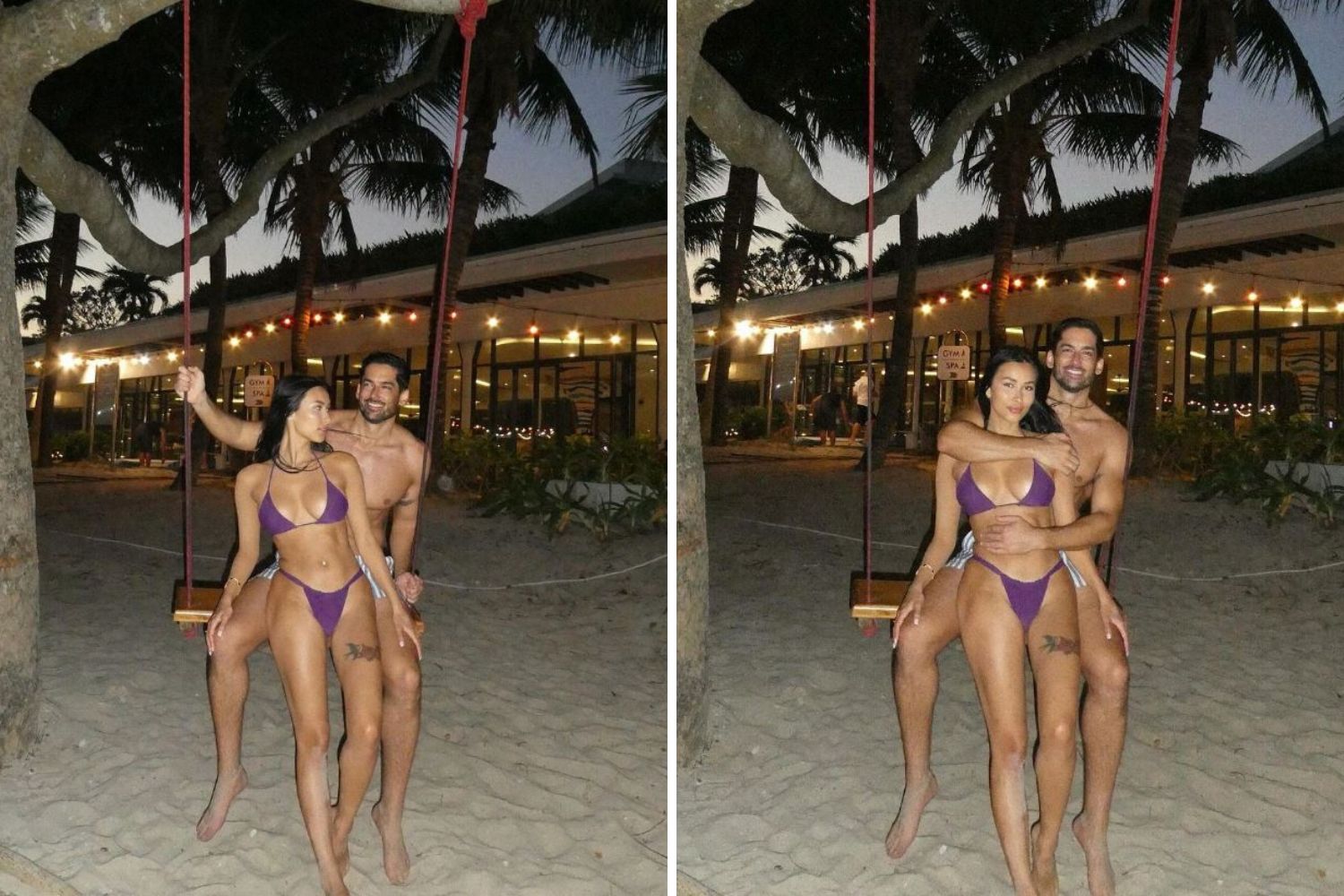 A couple posing on a swing at sunset on a beach with palm trees and festive lights in the background.