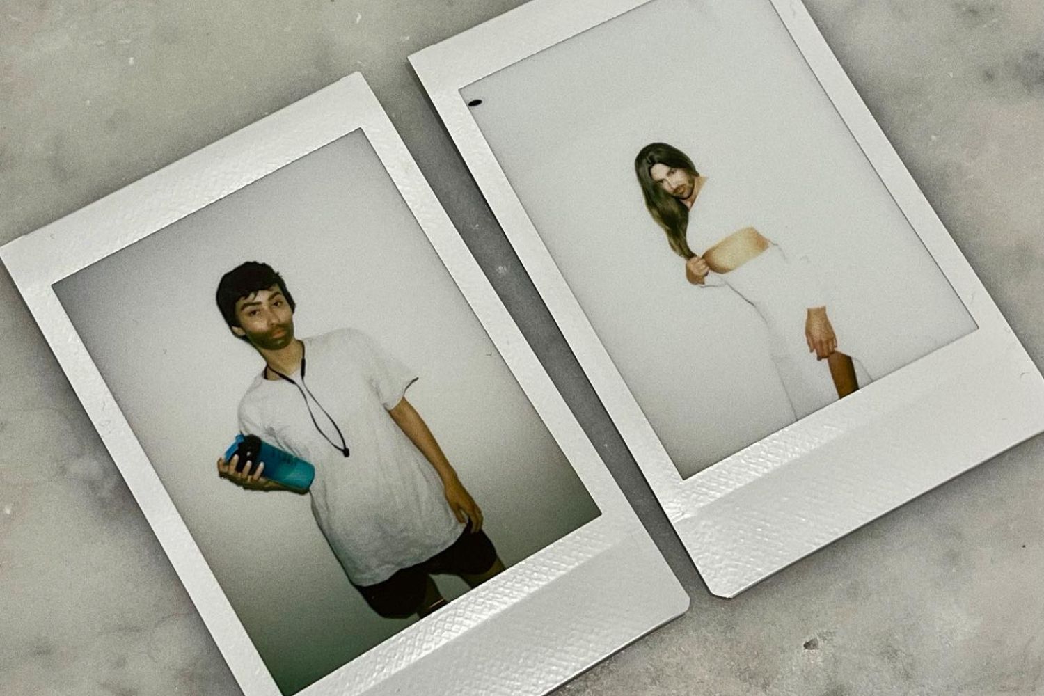 Two Polaroid photos: the first shows a person with a bottle, and the second shows a person posing in a white outfit.