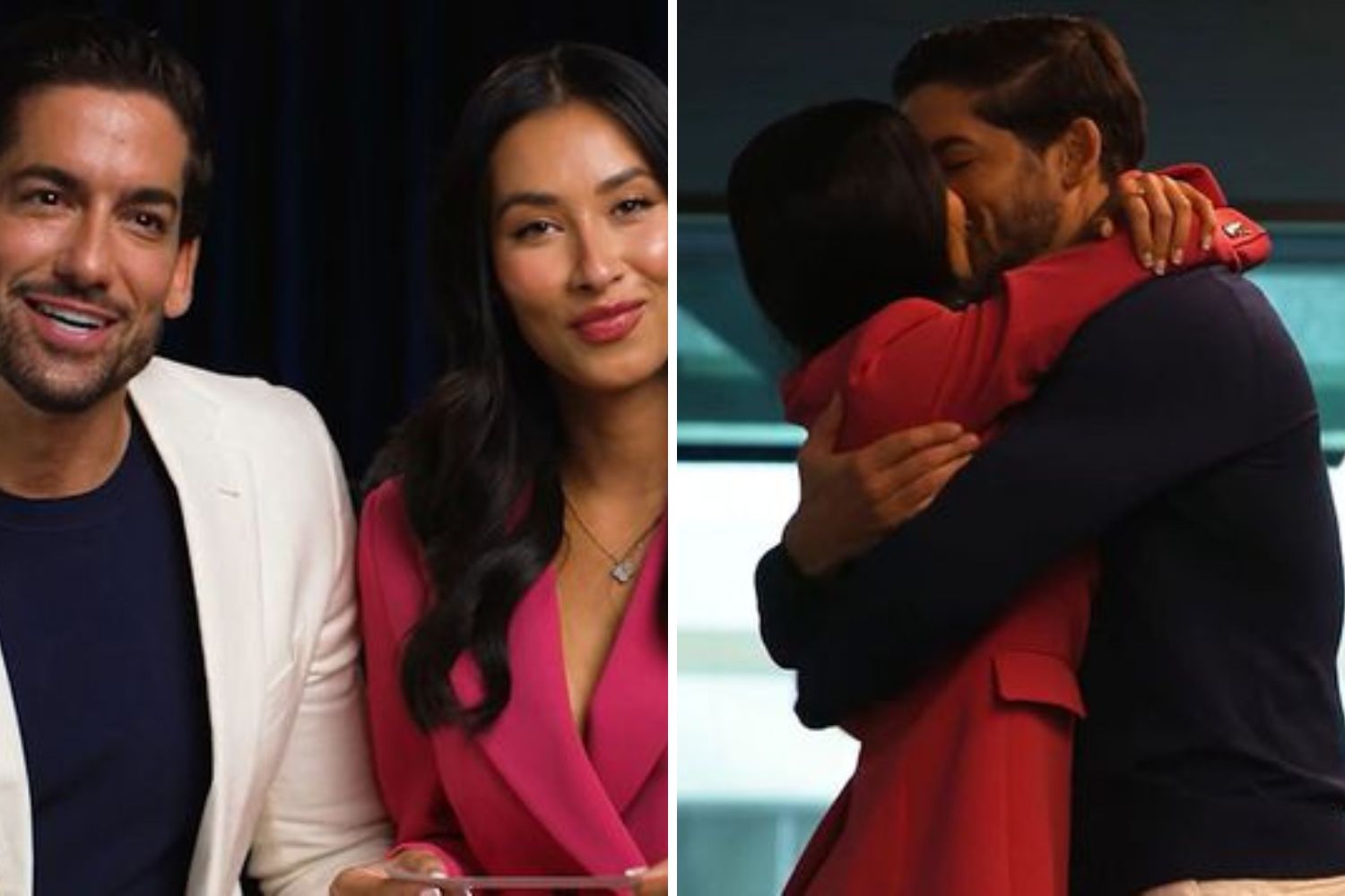 Couple from "Married at First Sight" smiling and embracing warmly in two side-by-side images.