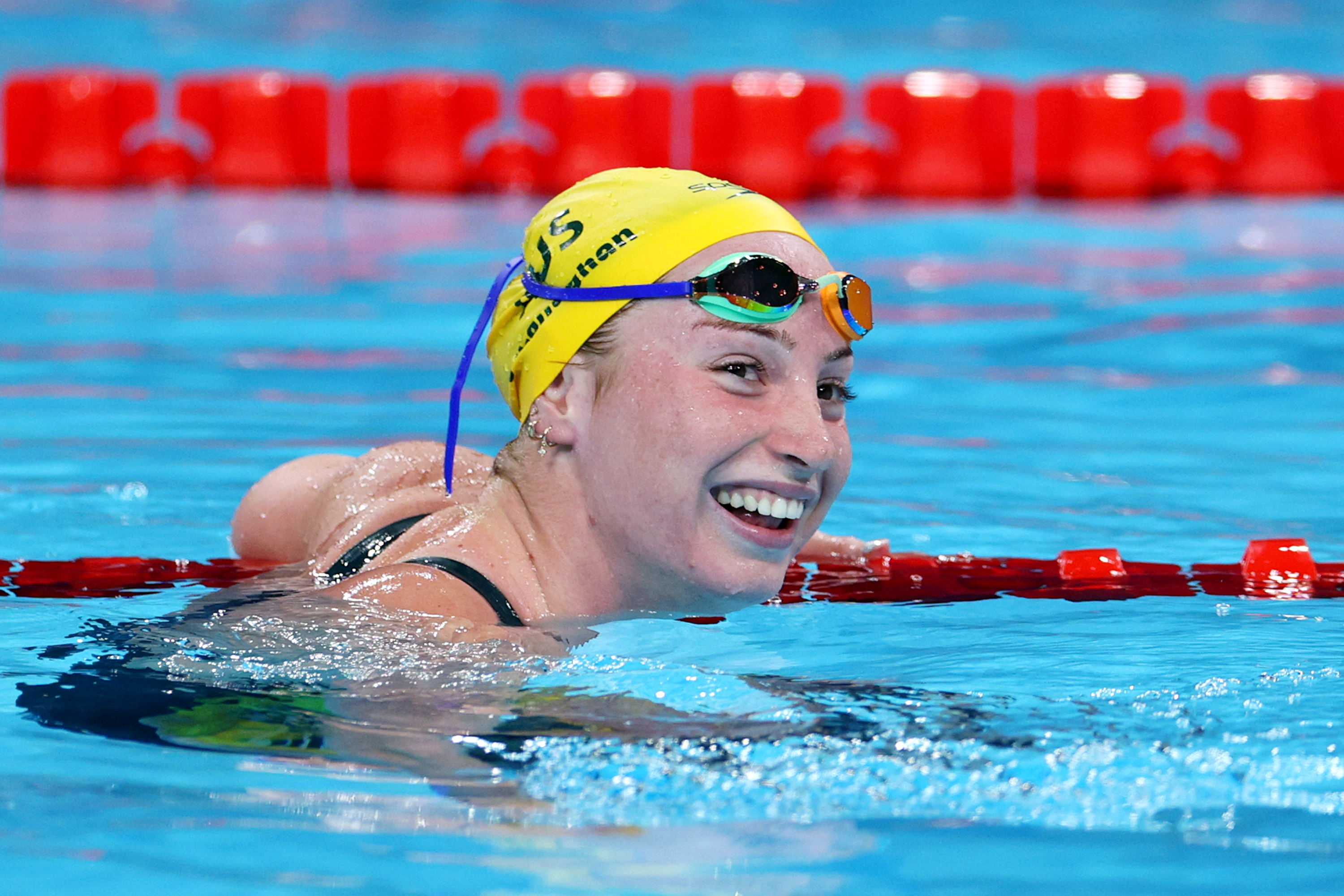 NANTERRE, FRANCE - JULY 29: Mollie O'Callaghan of Team Australia celebrates after winning gold in the Women&rsquo;s 200m Freestyle Final on day three of the Olympic Games Paris 2024 at Paris La Defense Arena on July 29, 2024 in Nanterre, France. (Photo by Adam Pretty/Getty Images)