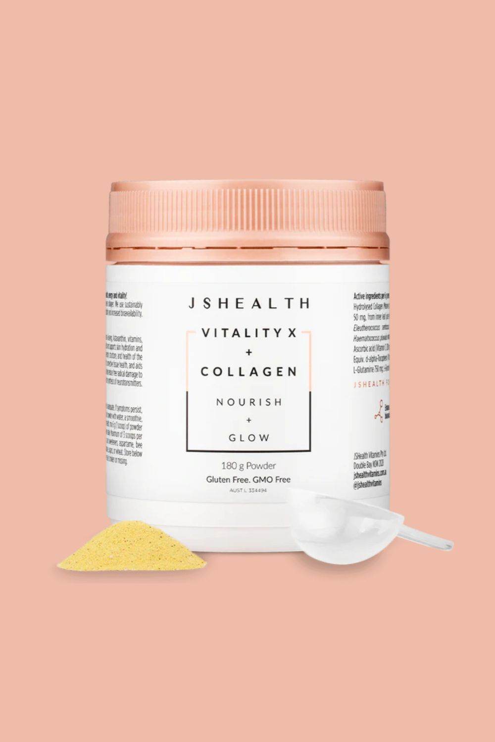 Container of JSHealth Vitality X + Collagen powder with scoop and powder on peach background.