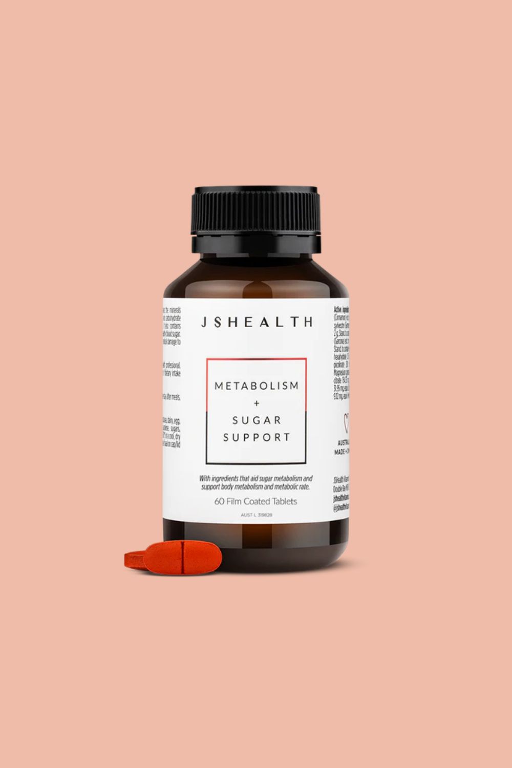 JSHealth Metabolism + Sugar Support bottle with one red tablet on a peach background.