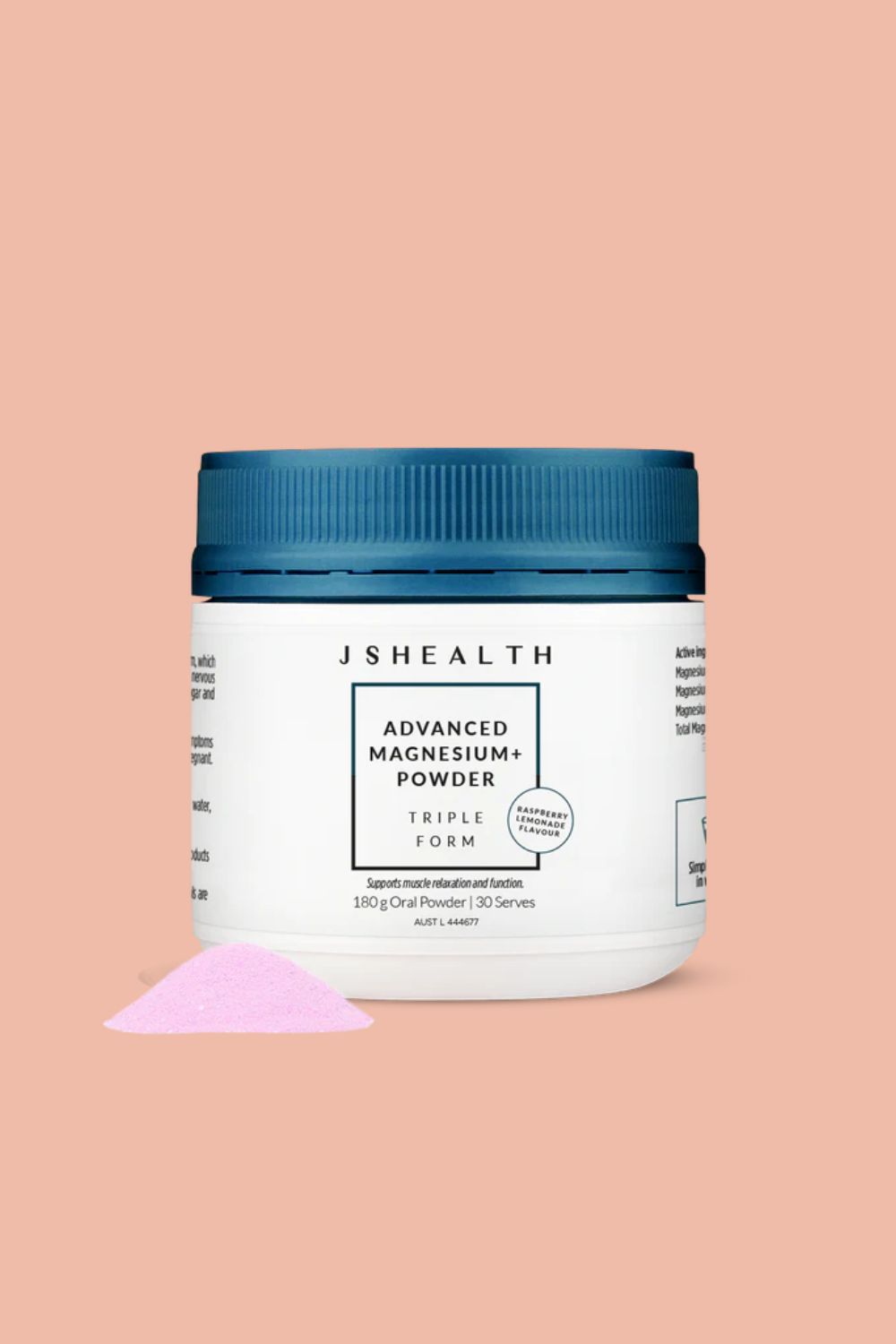 JSHealth Advanced Magnesium+ Powder jar with raspberry lemonade flavor shown on a peach background.