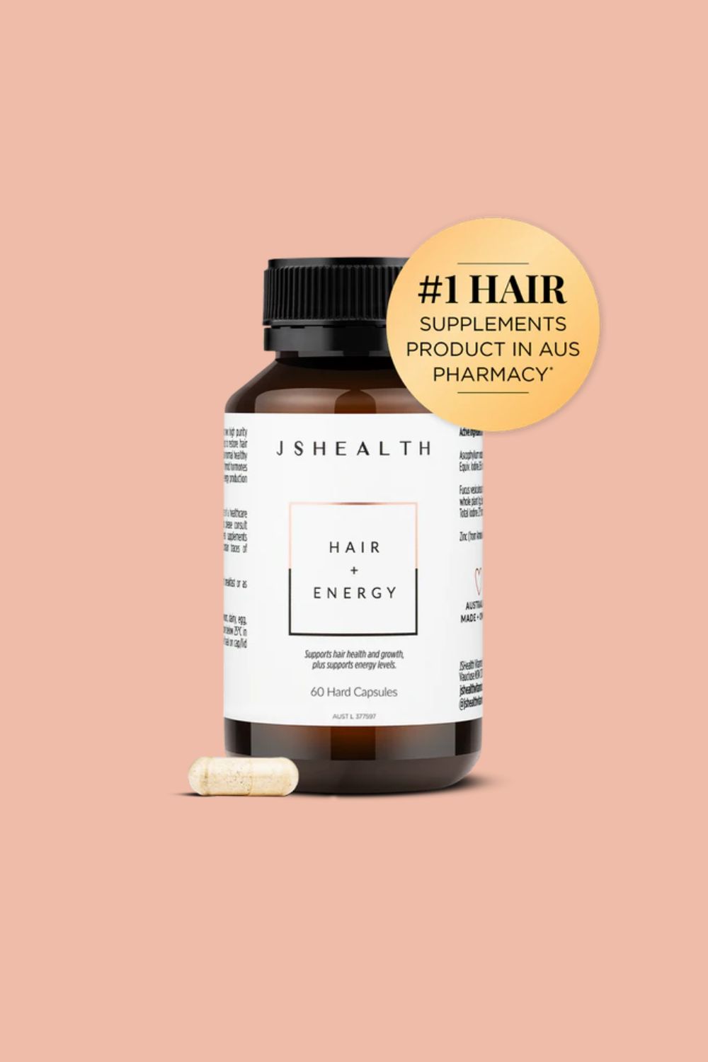 JSHealth Hair + Energy bottle with capsule, label features "#1 Hair Supplement in Aus Pharmacy" badge.