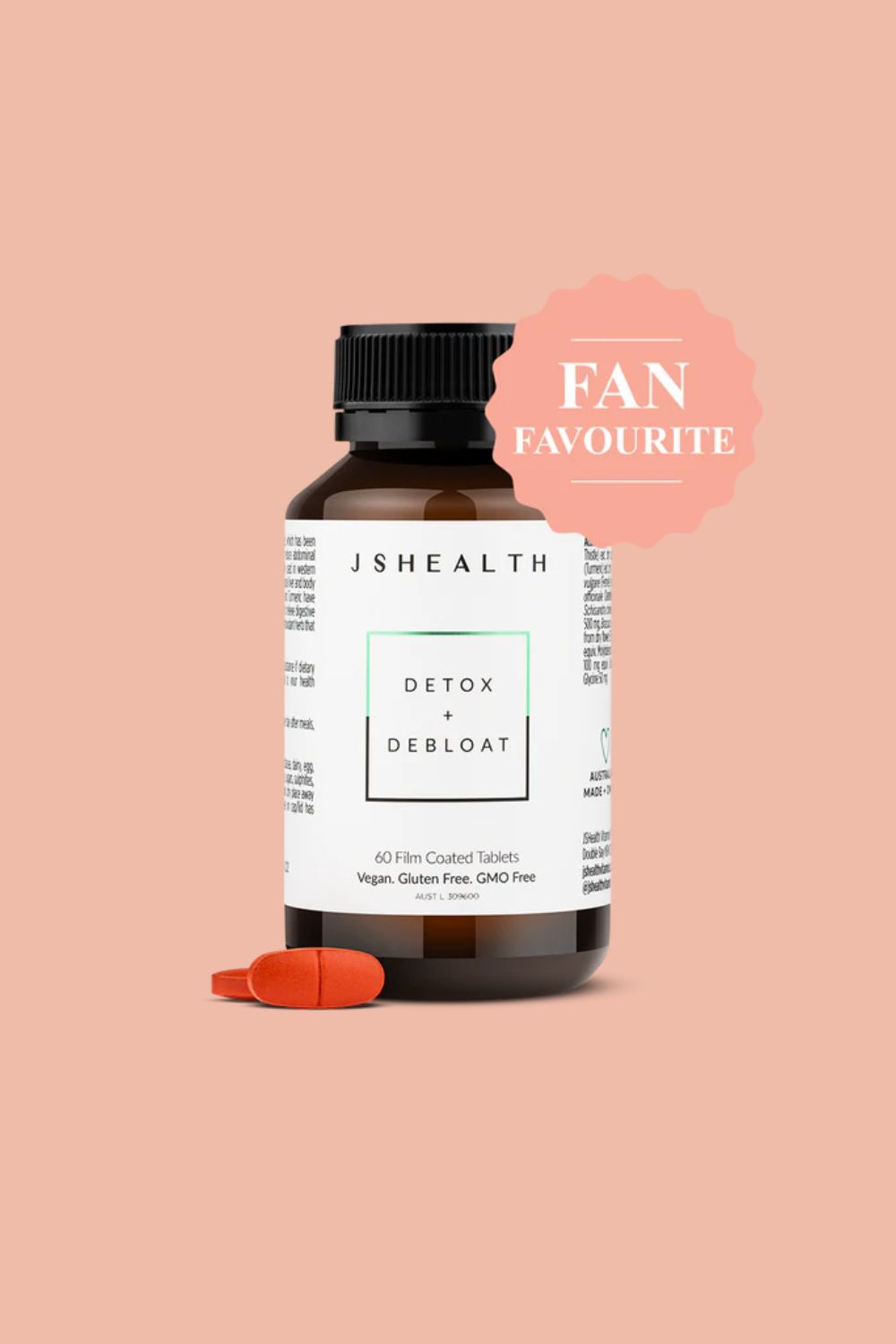 JSHealth Detox + Debloat bottle with pills, labeled "Fan Favourite" on a peach background.