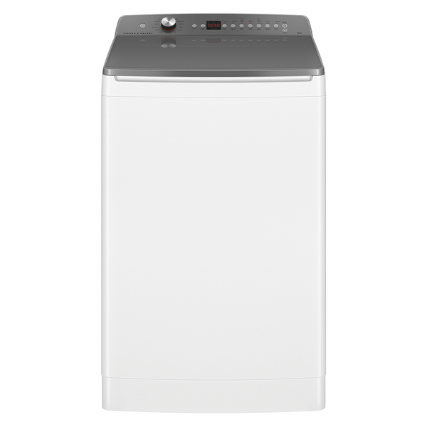 Top-loader washing machine with a gray control panel and circular knob.