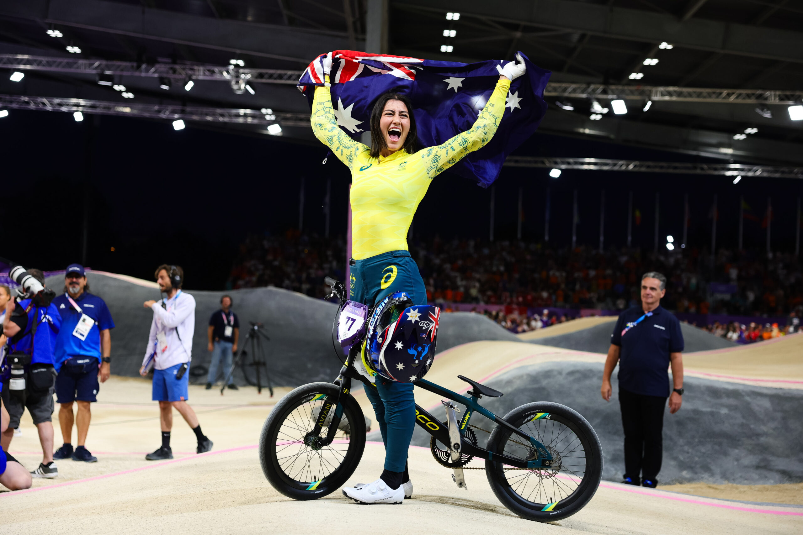 PARIS, FRANCE - AUGUST 03: Sakakibara Saya wins gold during the Cycling BMX Racing on August 03, 2024 in Paris, France. (Photo by Pete Dovgan/Speed Media/Icon Sportswire via Getty Images)