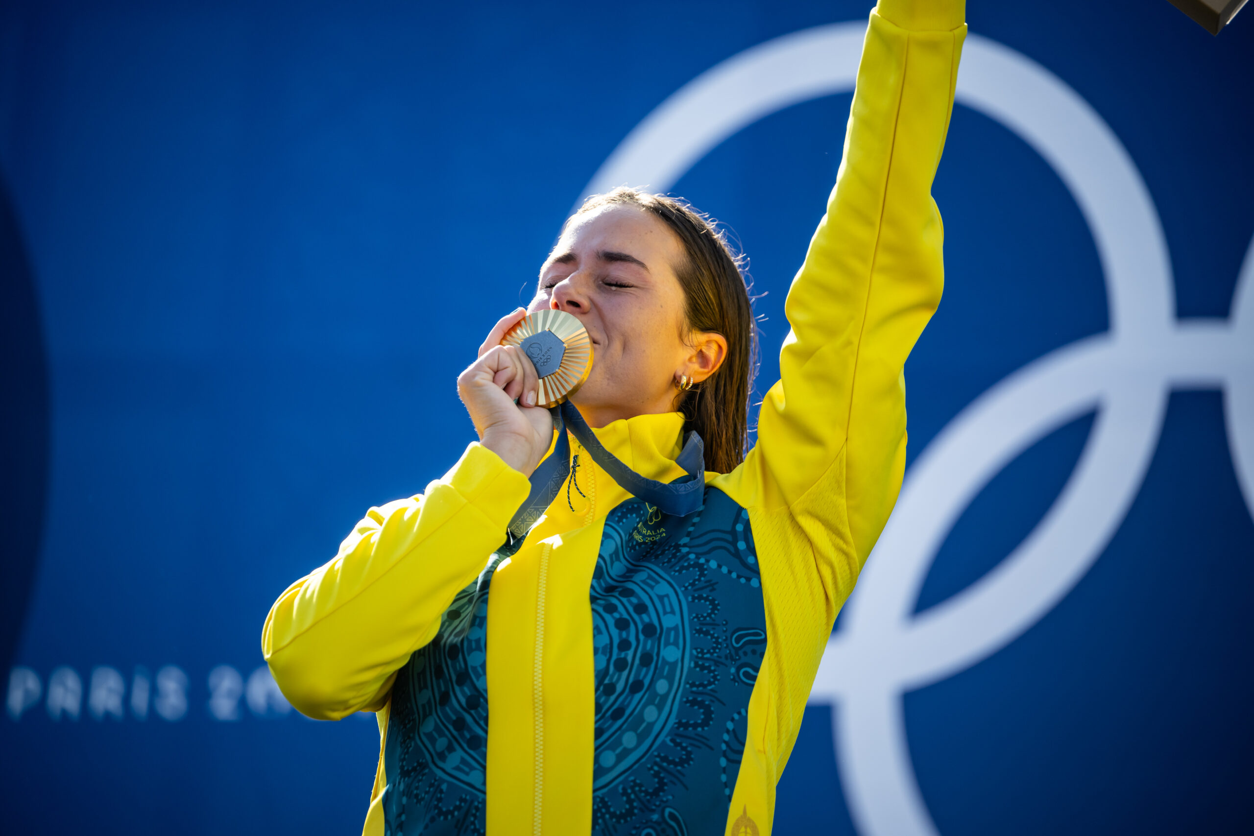 PARIS, FRANCE - AUGUST 5: Gold medalist and Olympic champion Noemie Fox of Team Australia poses with her medal during the Canoe Slalom Women's Kayak Cross medal ceremony on day ten of the Olympic Games Paris 2024 at Vaires-Sur-Marne Nautical on August 5, 2024 in Paris, France. (Photo by Kevin Voigt/GettyImages)
