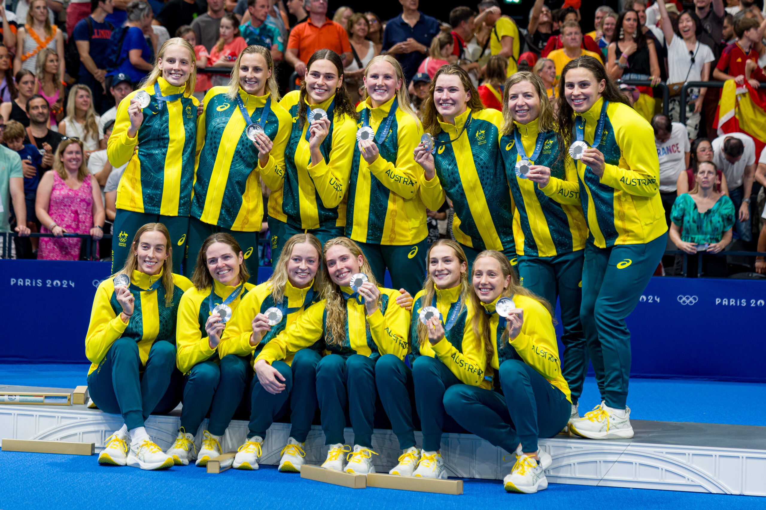 NANTERRE, FRANCE - AUGUST 10: Silver medalists of Team Australia pose following the Women’s Water Polo medal ceremony after the Women's Gold Medal match between Team Australia and Team Spain on day fifteen of the Olympic Games Paris 2024 at Paris La Defense Arena on August 10, 2024 in Nanterre, France. (Photo by Andy Cheung/Getty Images)
