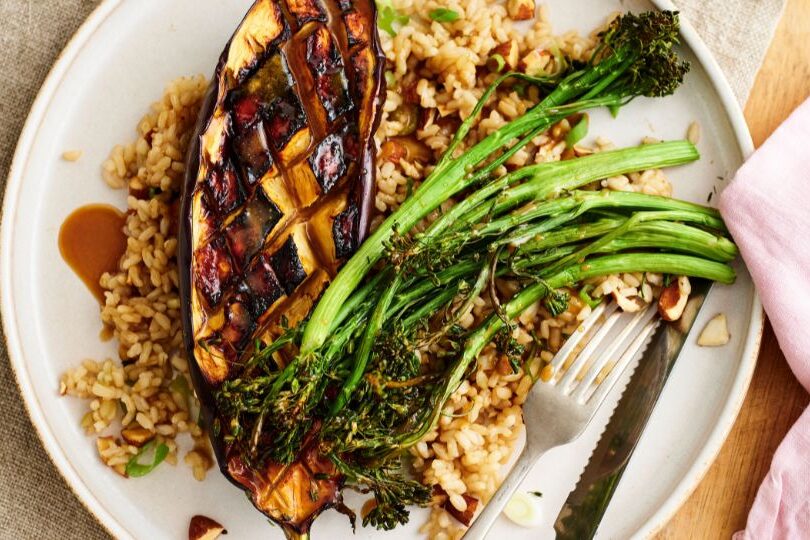 miso roasted eggplant and brown rice salad