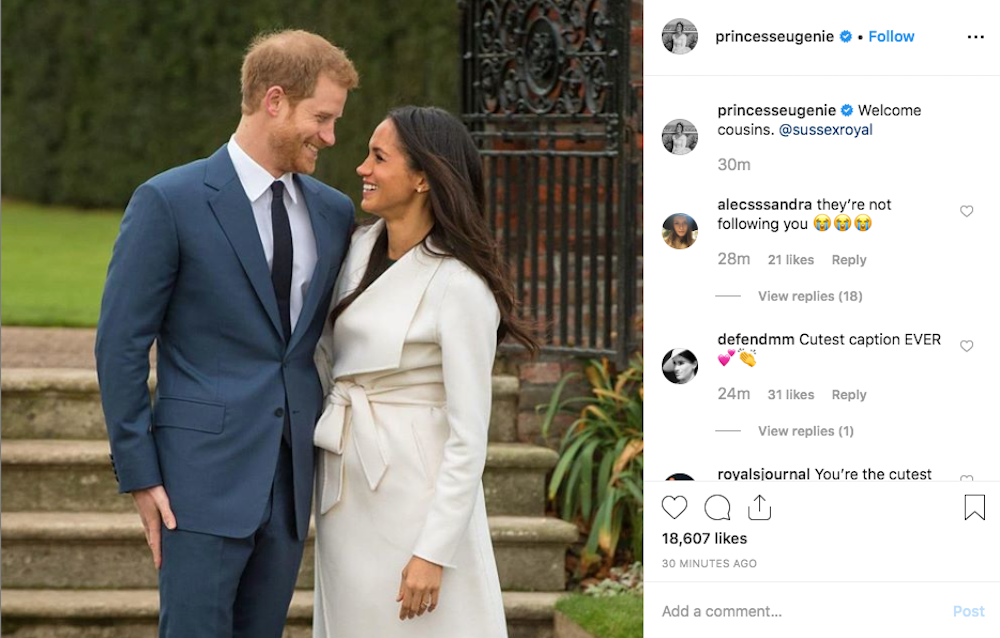 Princess Eugenie officially Meghan and Harry to Instagram